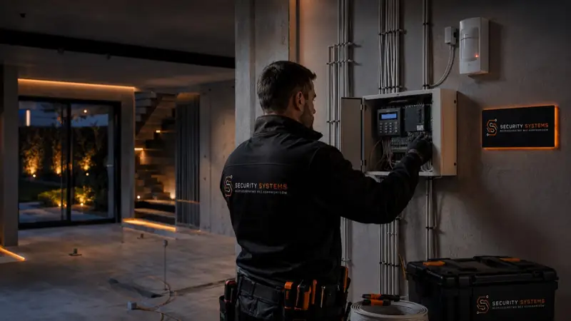 Technik Security Systems montuje manipulator systemu alarmowego przy wejściu do domu